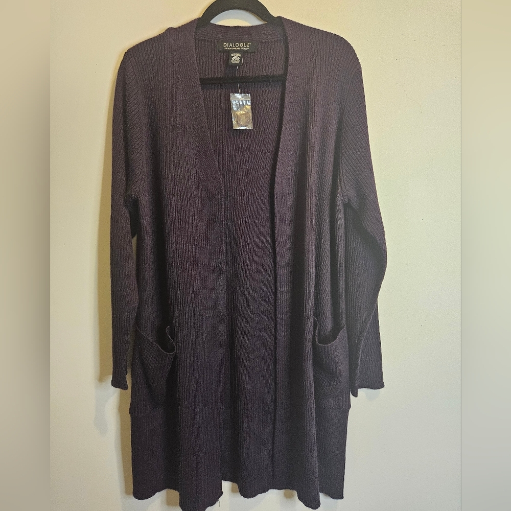 Dialogue Women's Dark Plum Long Open Front Cardigan Sweater Size L #W-611